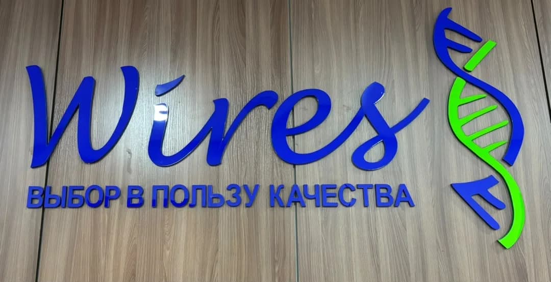 Вывеска Wires со слоганом «Выбор в пользу качества» на стене офиса